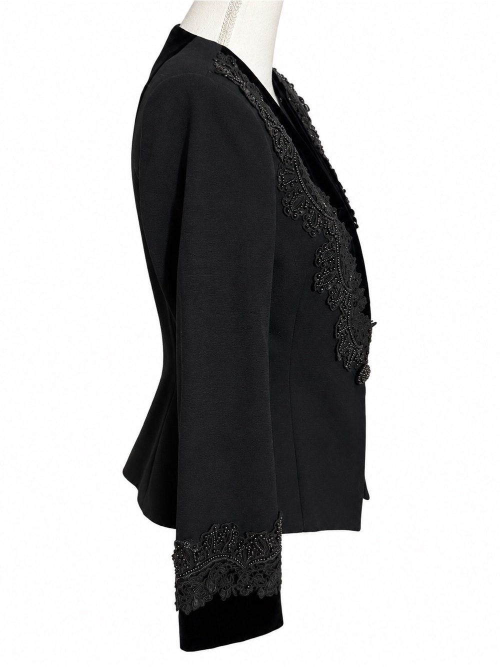 Nolan Miller Size 12 Black 100% Wool Embellished Beaded Lace Velvet Blazer - Picture 3 of 6